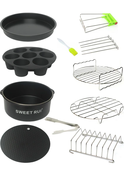 Sweet Rui 10 Parça 9 Inç (21.5cm) Yui / Xiaomi / Philips / Kumtel Uyumlu Air Fryer Aksesuarları Set - Siyah (Yurt Dışından)