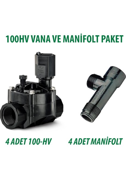 Rain Bird 100HV Solenoid Vana 1 Inç 24V. 4 Adet ve Bağl. Kollektörü Te Manifolt 1/"x1/"x1/" 4 Adet