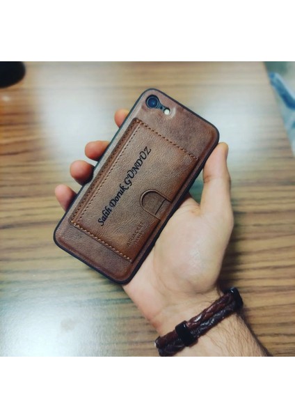 iPhone 8 - Kişiye Isme Özel Deri Telefon Kılıfı - Kartvizitli Stant Tasarım