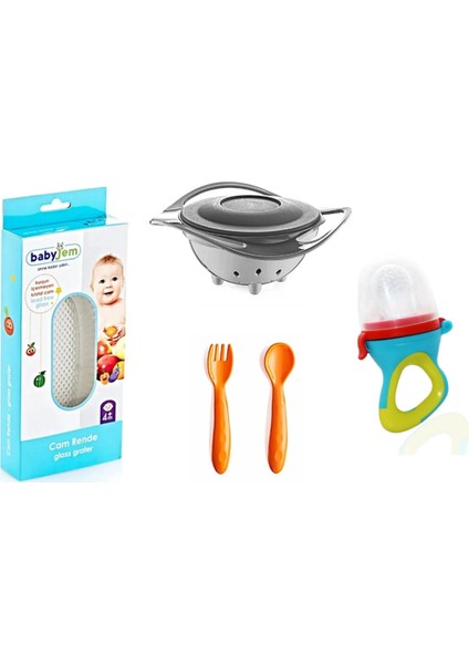 Babyjem Cam Rende + Dökülmeyen Tabak + Mama Kaşık Çatal Takımı + Silikon Uçlu Meyve Sebze Emziği