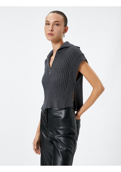 Süveter Dik Yaka Yarım Fermuarlı Ribanalı Örgü