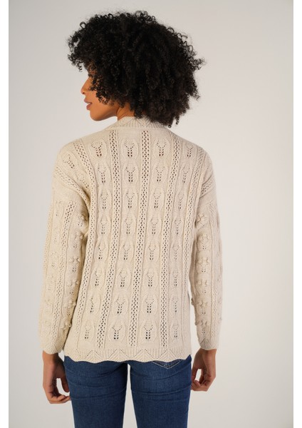 Kadın Bej Pon Pon Desenli Ajurlu Bisiklet Yaka Yün Kazak TRIST-6146 modelleri