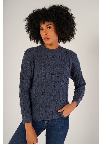 Kadın İndigo Pon Pon Desenli Ajurlu Bisiklet Yaka Yün Kazak TRIST-6146