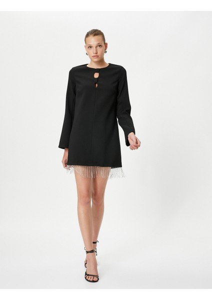 Abiye Elbise Mini Parlak Taşlı Pencere Detaylı İspanyol Kol