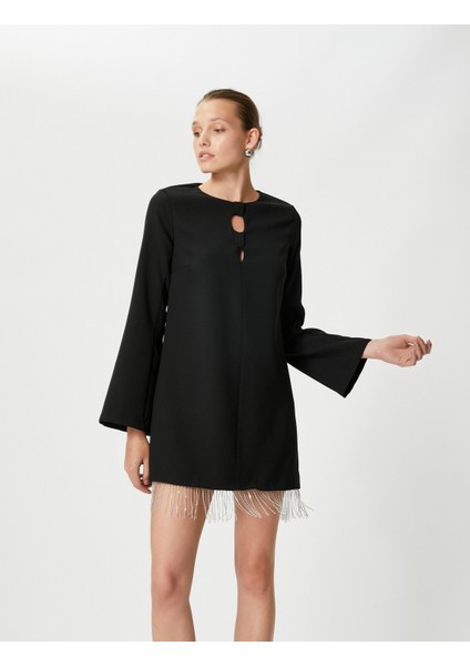 Abiye Elbise Mini Parlak Taşlı Pencere Detaylı İspanyol Kol fiyatları