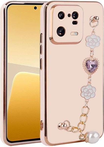 Xiaomi Mi 13 Pro Kılıf Kalpli Çiçekli Bileklik Zincirli Kamera Korumalı Kenarları Gold Renk, Silikon