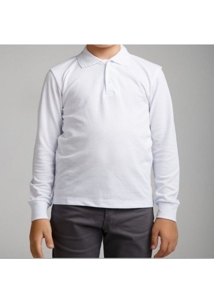 Uzun Kol Polo Yaka Beyaz Lakos Okul T-Shirt