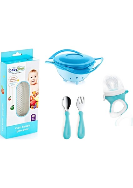 Babyjem Cam Rende + Dökülmeyen Tabak + Paslanmaz Çelik Çatal Kaşık Seti + Silikon Uçlu Meyve Sebze Emziği