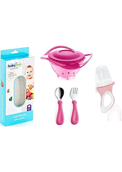 Babyjem Cam Rende + Dökülmeyen Tabak + Paslanmaz Çelik Çatal Kaşık Seti + Silikon Uçlu Meyve Sebze Emziği