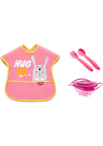 Babyjem Dökülmeyen Tabak + Kaşık Çatal Seti + Muşamba Önlük Pembe Beslenme Seti