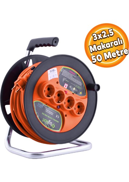 IP20 Plastik Makaralı Seyyar 4 Prizli Uzatma Kablosu 3x2.5 mm Ttr Kablo 50 Metre Termal Sigorta