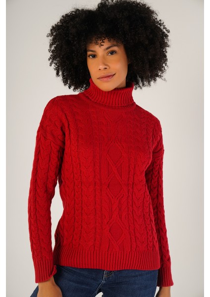 Kadın Açık Kırmızı Saç Örgülü Balıkçı Yaka Yün Kazak TRIST-6148