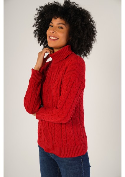 Kadın Açık Kırmızı Saç Örgülü Balıkçı Yaka Yün Kazak TRIST-6148 fırsatları