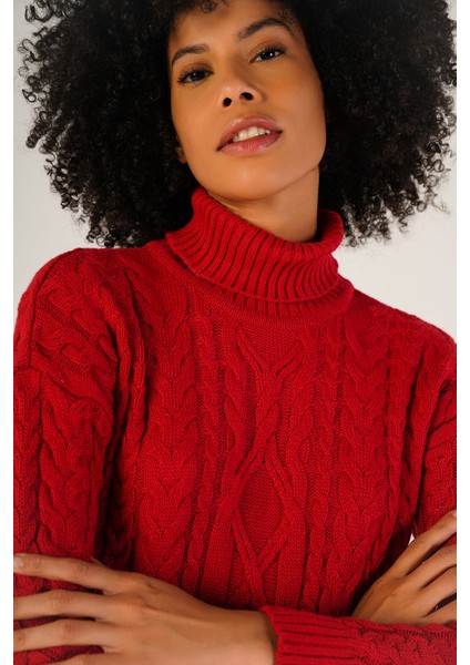 Kadın Açık Kırmızı Saç Örgülü Balıkçı Yaka Yün Kazak TRIST-6148 indirimleri