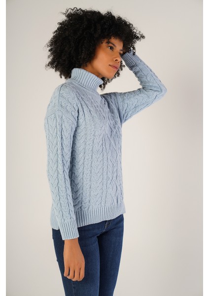 Kadın Açık Mavi Saç Örgülü Balıkçı Yaka Yün Kazak TRIST-6148 fiyatları