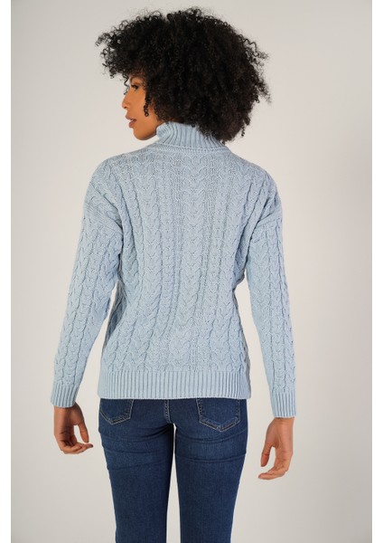 Kadın Açık Mavi Saç Örgülü Balıkçı Yaka Yün Kazak TRIST-6148 modelleri