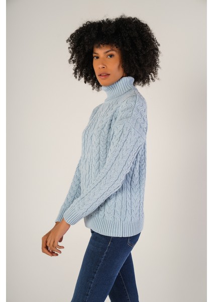 Kadın Açık Mavi Saç Örgülü Balıkçı Yaka Yün Kazak TRIST-6148 fırsatları