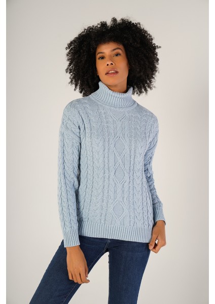 Kadın Açık Mavi Saç Örgülü Balıkçı Yaka Yün Kazak TRIST-6148