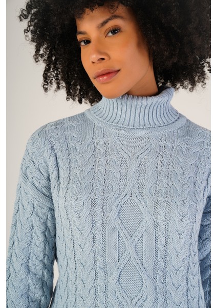 Kadın Açık Mavi Saç Örgülü Balıkçı Yaka Yün Kazak TRIST-6148 indirimleri