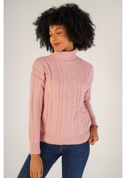 Kadın Pembe Saç Örgülü Balıkçı Yaka Yün Kazak TRIST-6148