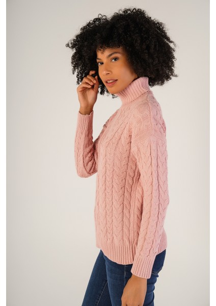 Kadın Pembe Saç Örgülü Balıkçı Yaka Yün Kazak TRIST-6148 fiyatları