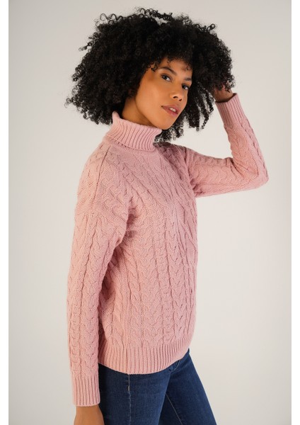 Kadın Pembe Saç Örgülü Balıkçı Yaka Yün Kazak TRIST-6148 fırsatları