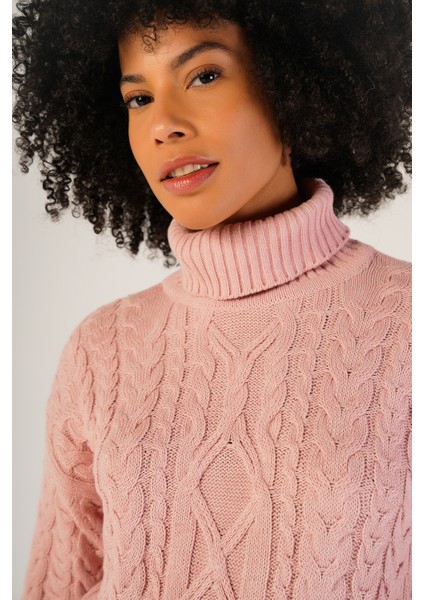 Kadın Pembe Saç Örgülü Balıkçı Yaka Yün Kazak TRIST-6148 indirimleri