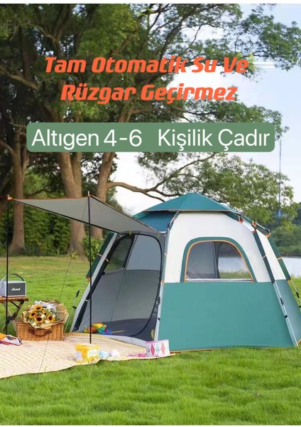 - Tam Otomatik Su ve Rüzgar Geçirmez Gölgelikli Altıgen Çadır 4-6 Kişilik Aile Çadırı 240X210X135 cm