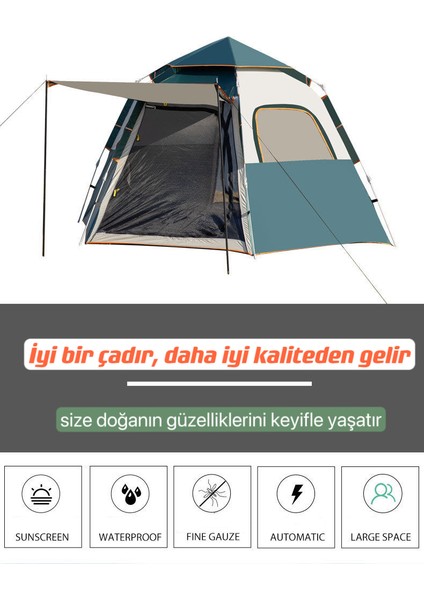 - Tam Otomatik Su ve Rüzgar Geçirmez Gölgelikli Altıgen Çadır 4-6 Kişilik Aile Çadırı 240X210X135 cm