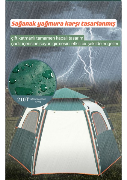 - Tam Otomatik Su ve Rüzgar Geçirmez Gölgelikli Altıgen Çadır 4-6 Kişilik Aile Çadırı 240X210X135 cm