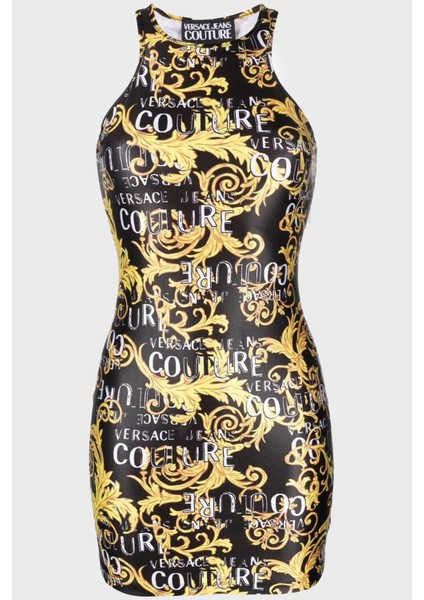 Versace Jeans Couture Logo Desen Baskılı Bisiklet Yaka Slim Fit Bodycon Mini Kadın Elbise 74HAO944 JS178 G89