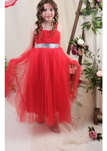 Kız Çocuk Kırmızı Uzun Tüllü Düğün Abiye Elbise