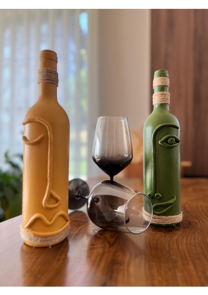 El Yapımı Soyut Yüz Tasarımı Şarap Şişesi Dekorasyonu, Dekoratif Şarap Şişeleri 2'li Set fiyatları