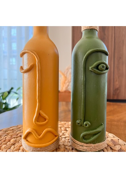 El Yapımı Soyut Yüz Tasarımı Şarap Şişesi Dekorasyonu, Dekoratif Şarap Şişeleri 2'li Set modelleri