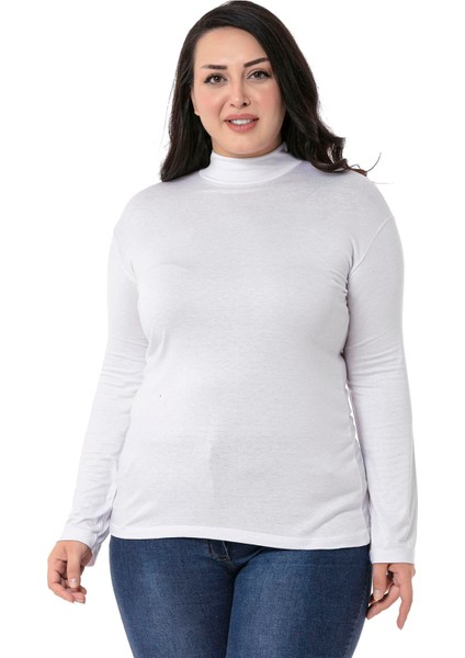 Büyük Beden Yarım Balıkçı Uzun Kollu Viskon Beyaz Body