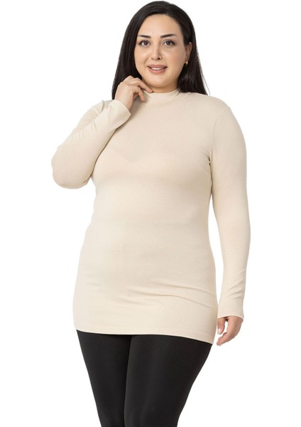 Büyük Beden Yarım Balıkçı Uzun Kollu Viskon Bej Rengi Body