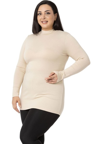 Büyük Beden Yarım Balıkçı Uzun Kollu Viskon Bej Rengi Body fırsatları