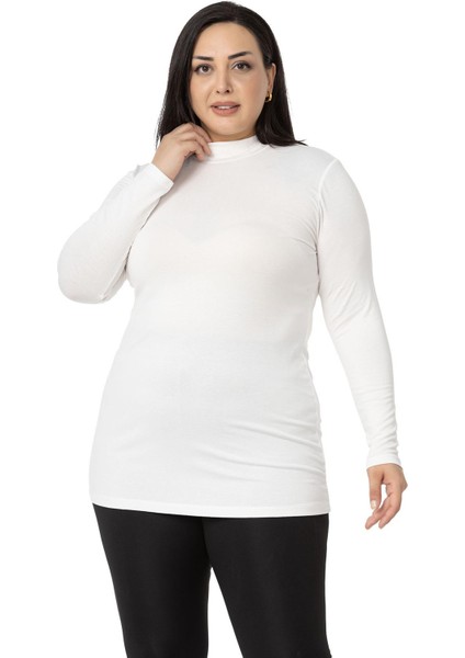 Büyük Beden Yarım Balıkçı Uzun Kollu Viskon Ekru Body