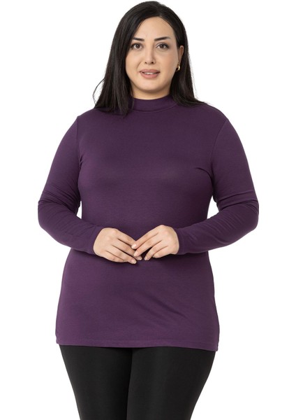 Büyük Beden Yarım Balıkçı Uzun Kollu Viskon Mürdüm Body