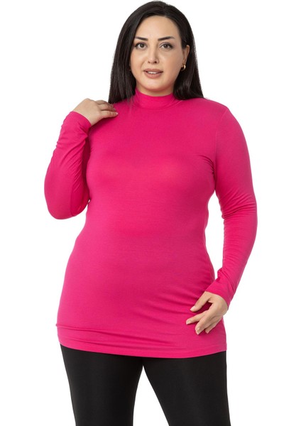 Büyük Beden Yarım Balıkçı Uzun Kollu Viskon Fuşya Body