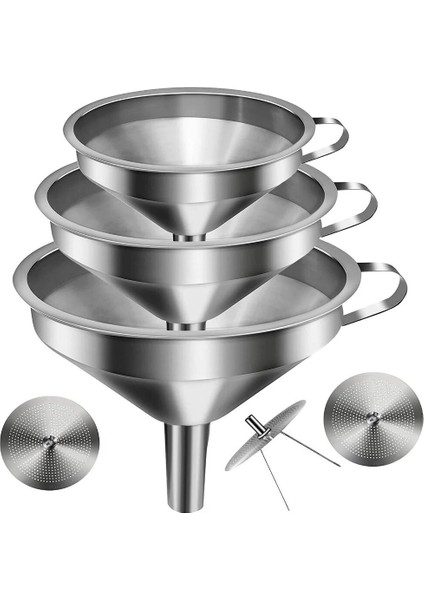 Paslanmaz Çelik Huni 150mm - 10 Adetlik Toptan Set - Kulplu Filtreli