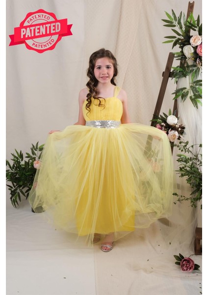Kız Çocuk Sarı Uzun Tüllü Düğün Abiye Elbise