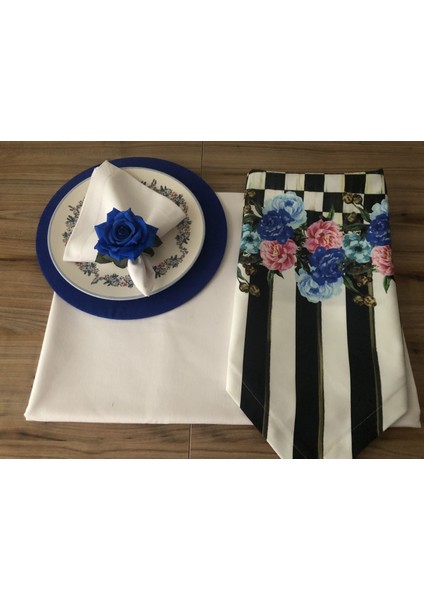 Trend Yuvam Sofra Sunum Seti Mavi Gül Desenli Takım