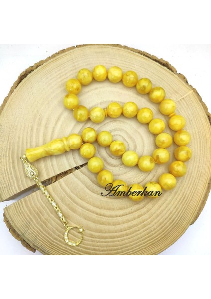 Damla Kehribar 33’lük Gümüş Püsküllü Tesbih – Küre Kesim – Sarı – 15.5 mm