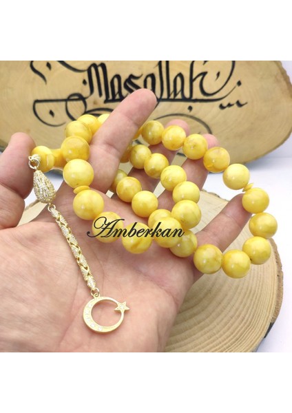 Damla Kehribar 33’lük Gümüş Püsküllü Tesbih – Küre Kesim – Sarı – 15.5 mm fiyatları