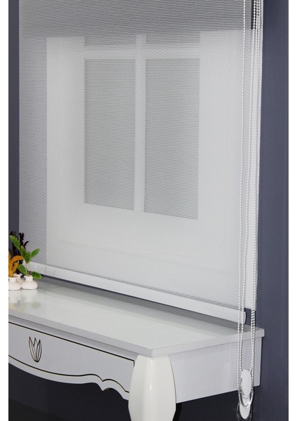 Çift Mekanizmalı Çizgili Tül & Mat Gri Stor Perde % 90 Işıgı Kesme Özelliği modelleri