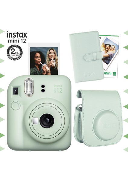 Instax Mini 12 Yeşil Fotoğraf Makinesi-10'lu Film-Laporta Albüm ve Deri Kılıf Seti