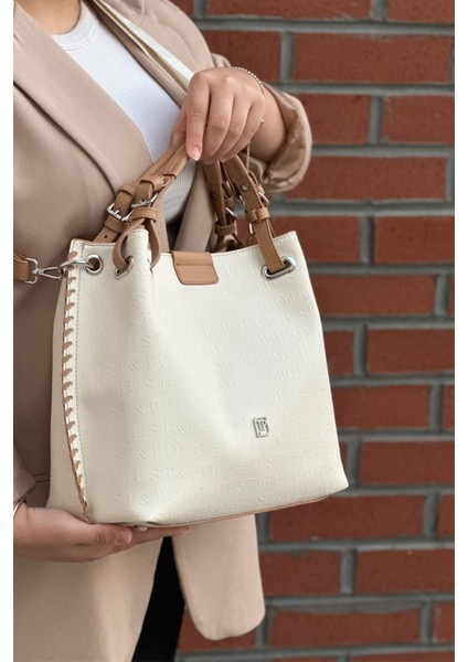 Krem Örgü Detaylı 4 Bölmeli Kadın El & Omuz Çantası ve Cüzdan Kombini 30X27CM PBU4031 fırsatları