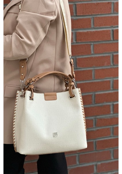Krem Örgü Detaylı 4 Bölmeli Kadın El & Omuz Çantası ve Cüzdan Kombini 30X27CM PBU4031 indirimleri