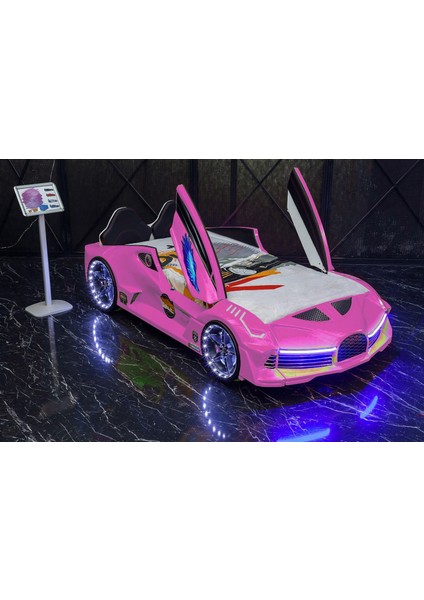 Arabalı Yatak Çocuk Karyolası Kumandalı Işık ve Ses Sistemli Moon Aero Full Pembe